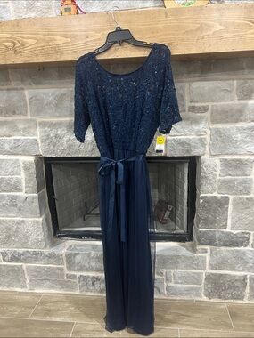 Navy Lace & Tulle Evening Dress with Waist Tie